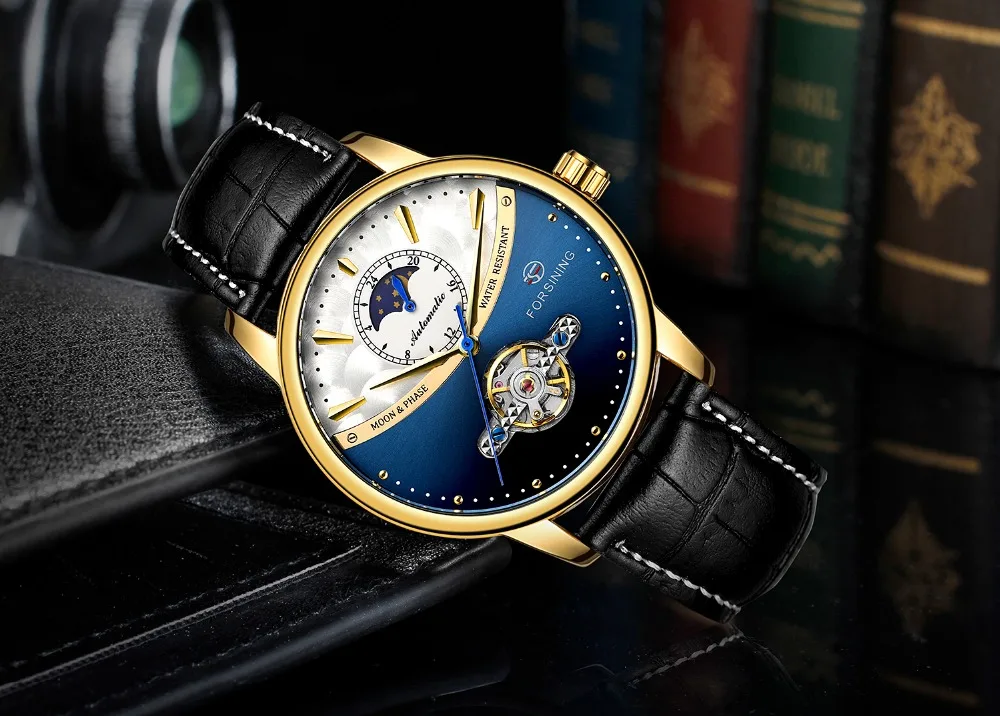Классические Механические часы Forsining Blue Moon Phase, автоматические турбийон, мужские часы из натуральной кожи, мужские часы, Прямая поставка
