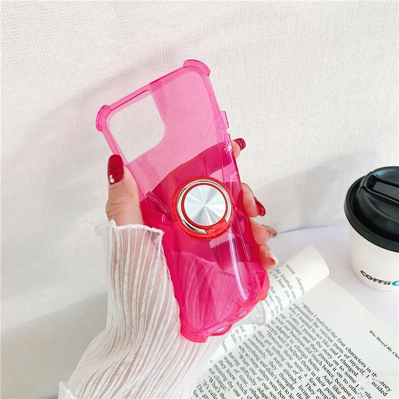 

Solid Color Fluorescence Phone Cases Protective Soft Shell For iPhone 11 Pro XR XS X Max 8 7 6S Plus With Finger Ring Back Cover