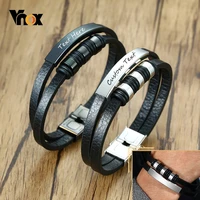 vnox casual mens leather bracelets with customize engrave service double layers stainless steel id bar male jewelry 20 5cm