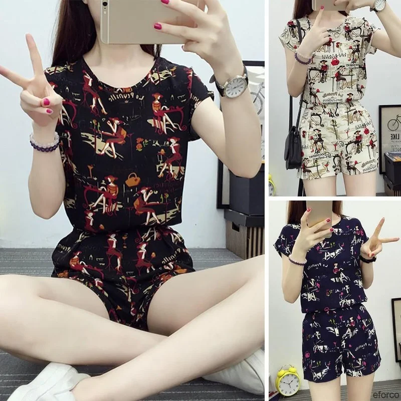 

COD Women Print Suit Short Sleeve Tee Round Neck Shorts Mid Waist Summer Beach Comfy Wear CL Comfortable