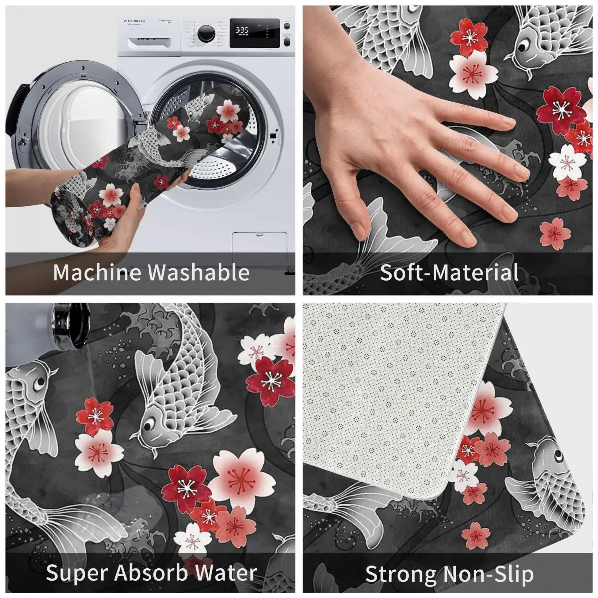 Koi Sakura Blossom Black коврик в виде рыбы мягкий для ванной нескользящий абсорбирующий