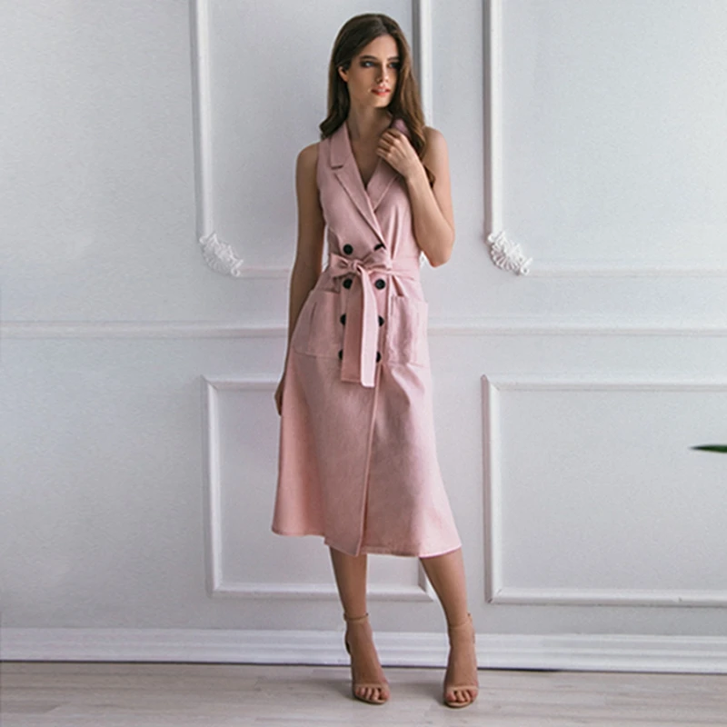 Женское винтажное Бандажное платье на пуговицах розовое элегантное офисное без