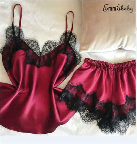 Новый топ + шорты 2 шт Женская Сексуальная атласная пижама с кружевом нижнее белье