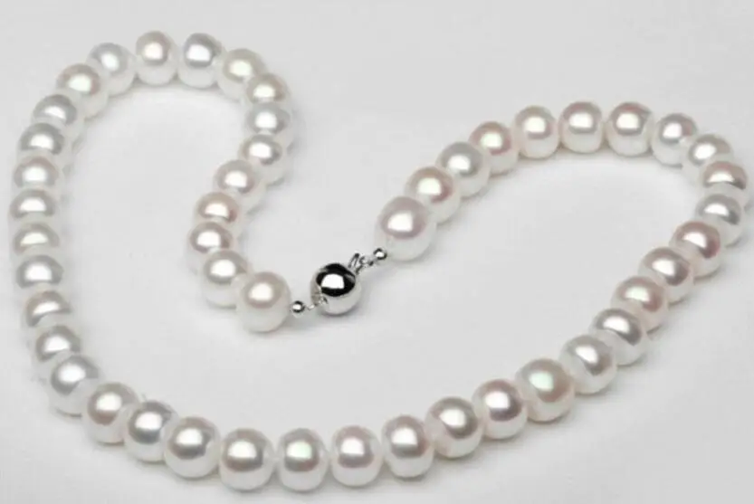 

9X10mm white nearly circle pearl necklace round clasp Woman Jewelry real natural freshwater pearl Classic gift 15'' 17'' 43cm