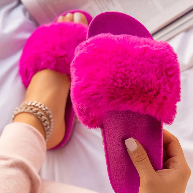 Женские меховые тапочки Летние пушистые шлепанцы Женская пушистая домашняя
