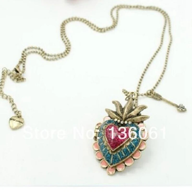 Винтаж бронзовое сердце медальон кулон ожерелье для женщин Цветная глазурь