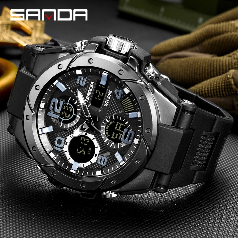 Часы наручные SANDA Мужские кварцевые в стиле милитари, спортивные брендовые Роскошные водонепроницаемые S Shock, 2023