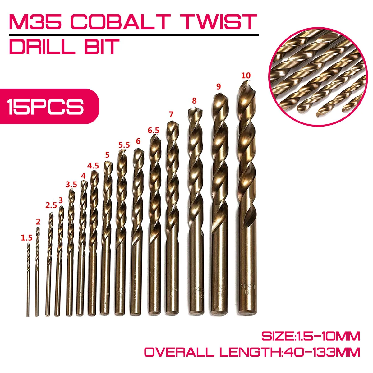 

15 шт./лот M35 кобальта спиральное сверло HSS-CO 1,5-10 мм из быстрорежущей инструментальной стали 40-133 мм длина дерево сверления металла Одежда высш...