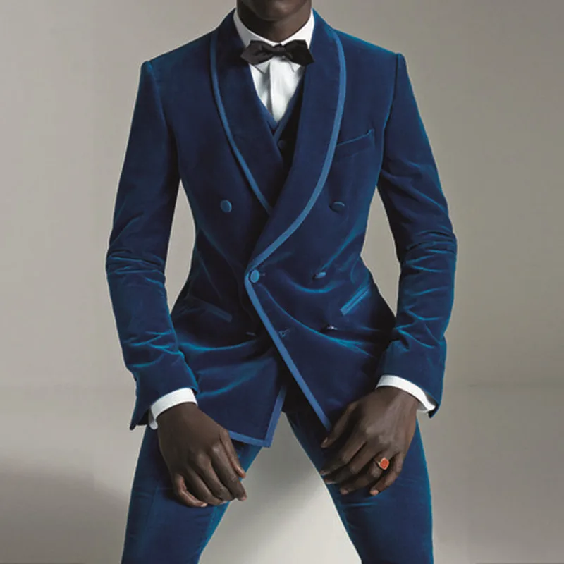 Traje de terciopelo azul real para hombre, traje ajustado de 3 piezas con doble botonadura, esmoquin personalizado para fiesta de graduación, novedad de 2022