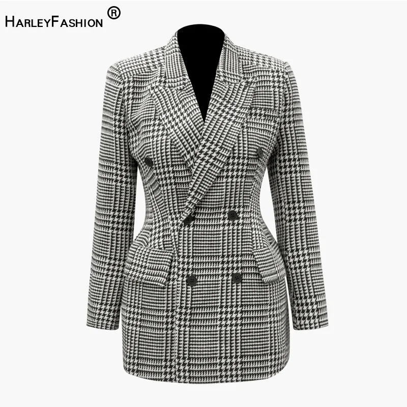 HarleyFashion осень зима дизайн для женщин Повседневное плед твидовый Блейзер