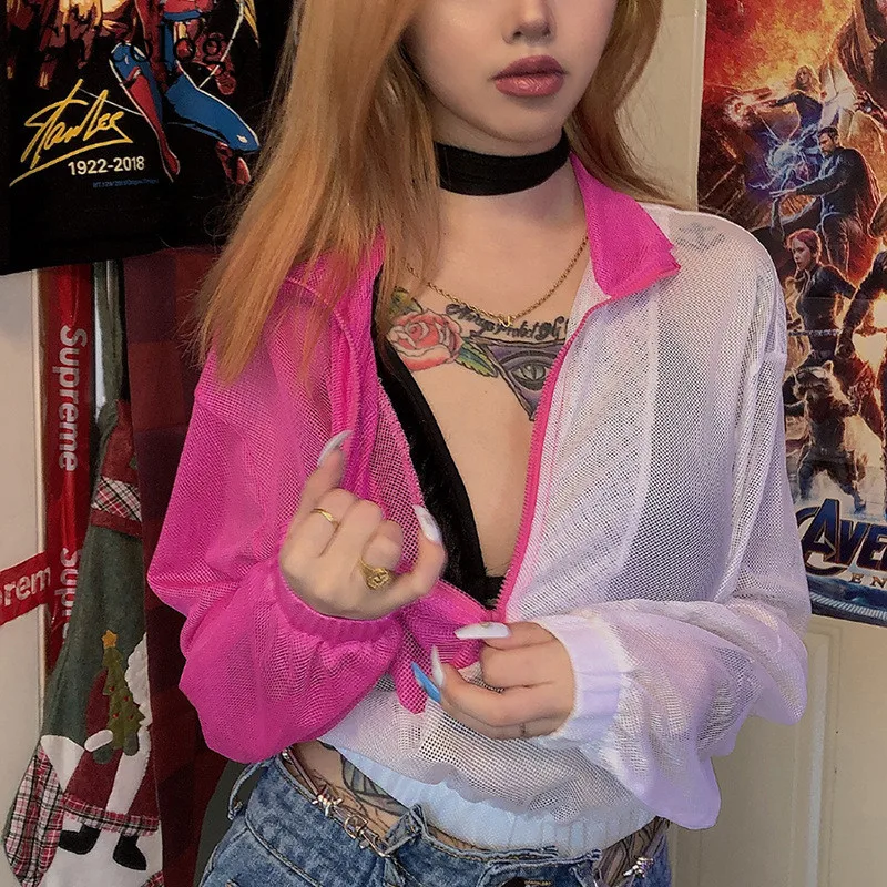 Chicology mesh patchwork zipper long sleeve casual crop top t shirt 2019 summer autumn women streetwear T-shirt female clothes | Женская