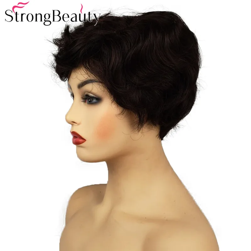 StrongBeauty короткий кудрявый женский парик натуральный черный Пикси СТРИЖКА Полный синтетический парик
