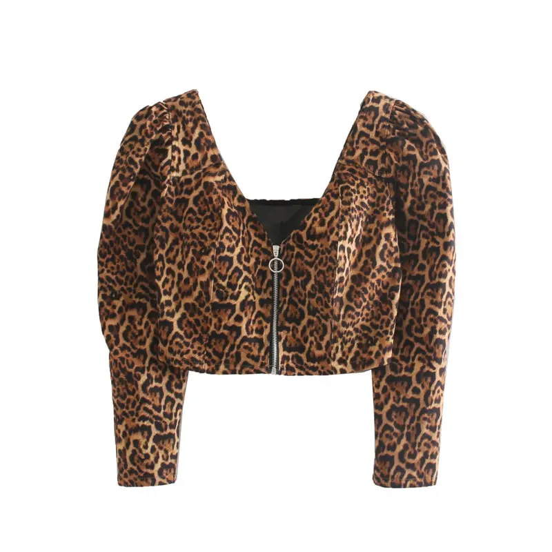 2019 Женская винтажный буф рукав Леопардовый принт Повседневная короткая женская
