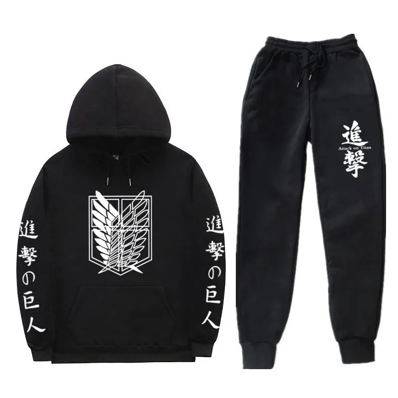 

2021 Anime Attack on Titan hooded sweatshirt set Autumn Winter Men Women Cartoon Suit Pullover Hooded+Pants 2 Piece Set Suit