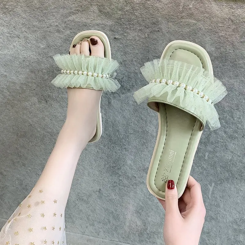 

Shoes Woman 2021 Slippers Summer Shallow String Bead Luxury Slides Pantofle Flat Designer New Basic Sweet PU Female Shoes Slippe