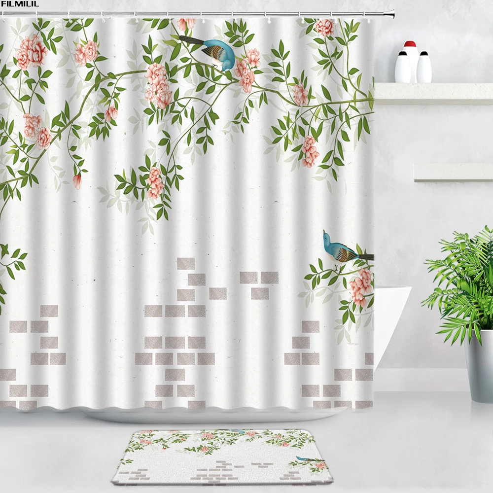 

Chinese Style Peacocks Shower Curtains Bath Mats Bathroom Set Bird Flowers Natural Scenery Modern Decor Door Rug Non-slip Carpet