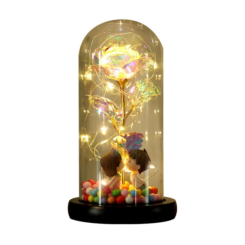 

Colorful Gold Leaf Flower Color Golden Glitter with Lamp Immortal Rose Glass Cover Tanabata Couples Give Away Home Decoration