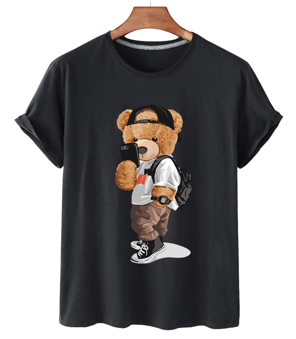 High-quality Street Selfie Bear Print Cotton Short-sleeved O-neck Loose Casual Top T-shirt Female Oversized T-shirt Couple S-3XL