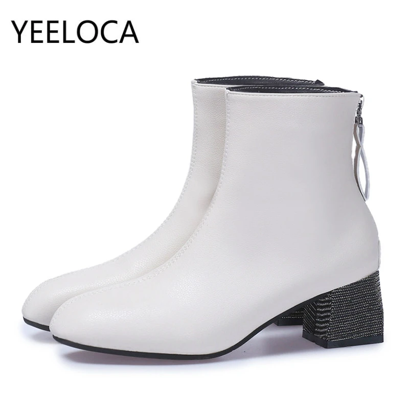 

New Fashion Sexy Pointed Toe women shoes Square Heel Zipper Women's Single Ankle Boots Ladies High Heels Plus Size 35-43