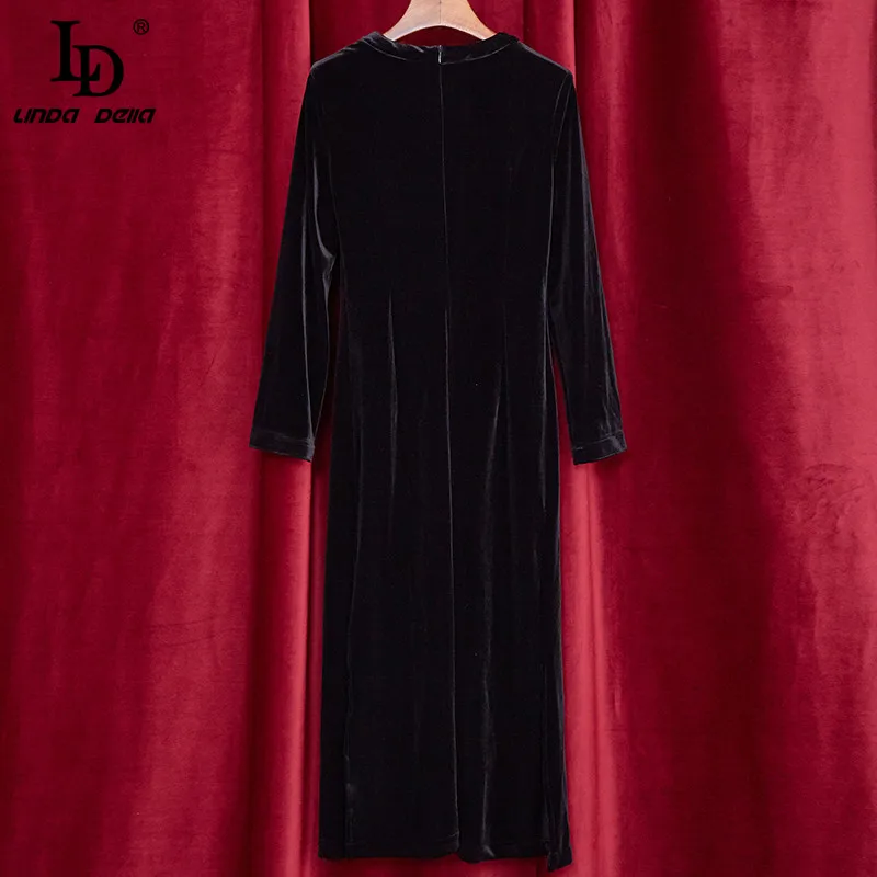 

LD LINDA DELLA New 2021 Summer Vintage Black Velve Party Dress Women Long Sleeve Belt Gorgeous Golden Embroidery Mid-Calf Dress