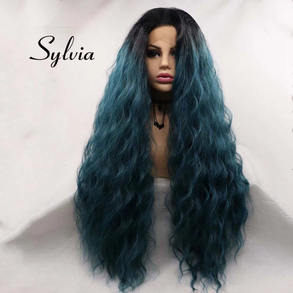 Sylvia Mixed Green Synthetic Lace Front Wigs For Women Ombre Hair Long Wavy Wig Heat Resistant Fiber Cosplay Wig