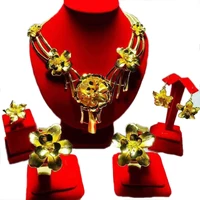 Yulaili Chinese Design Style Women Engagement Gold-color Big Flower Necklace Bracelet Earrings Ring Window Jewelry Display