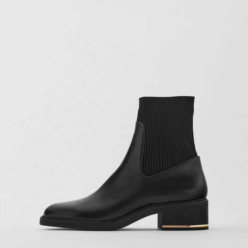 

Za Women's Boots Round Head Chelsea Boots Martin Boots Black Thick Heel Low Tube Women's Winter Trend Short Boots Plush Winter