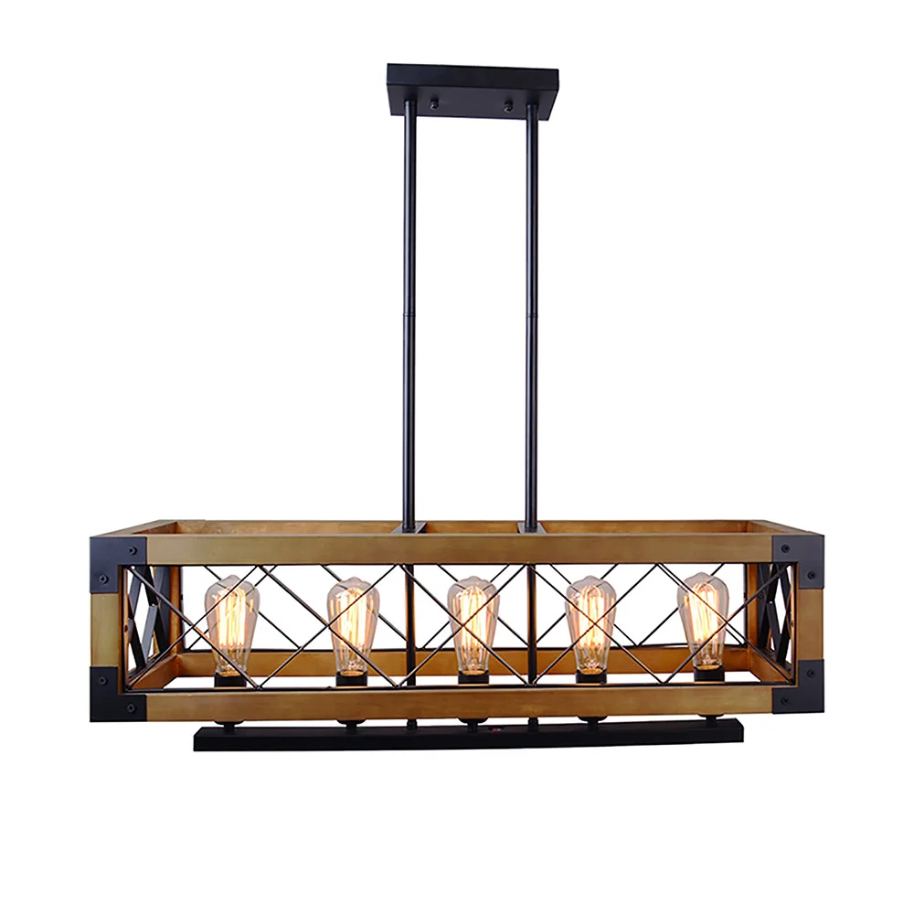 

American Retro Industry Rectangular Woodiness Chandelier Creative Lantern Restaurant Living Room Bar Hotel Iron Base Chandelier