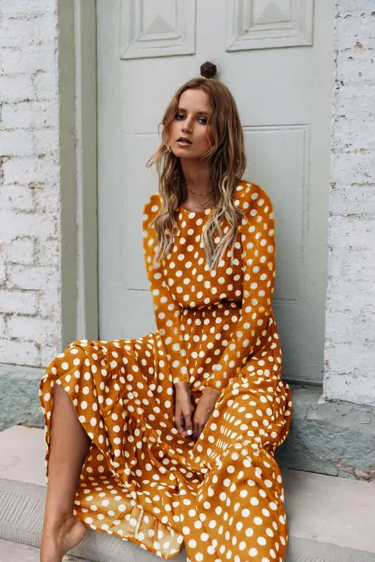 Женское осеннее длинное платье с цветочным принтом и длинными рукавами высокой