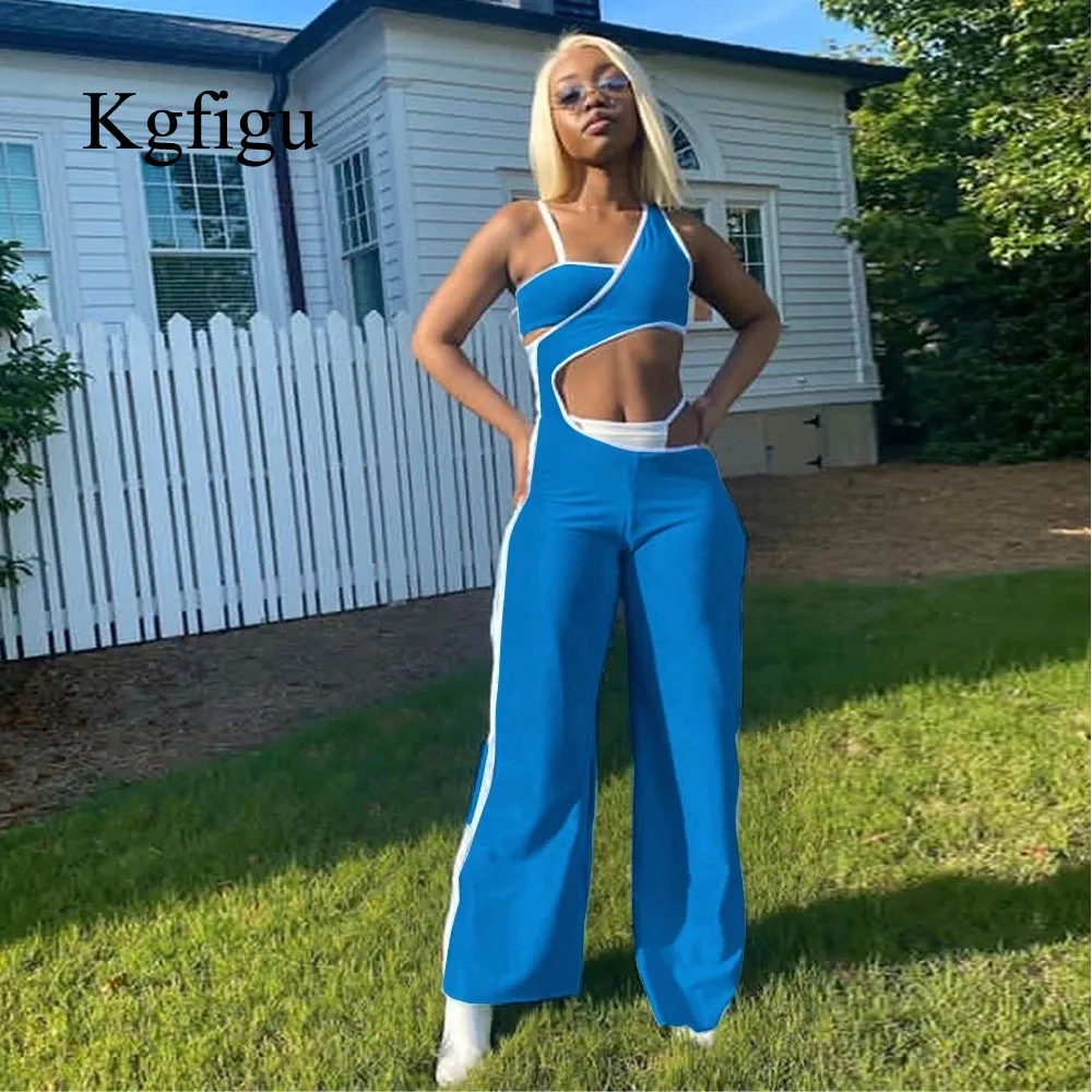 

KGFIGU 2021 летний комплект из двух предметов для женщин короткий топ на бретельках и Асимметричные свободные брюки Повседневный брючный костюм