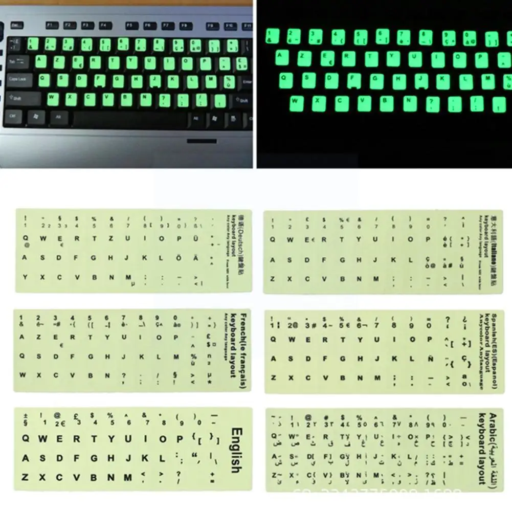 

Светящиеся колпачки для клавиш, наклейка, английский, арабский, русский, итальянский, иврит, корейский, французский, испанский, водонепрониц...