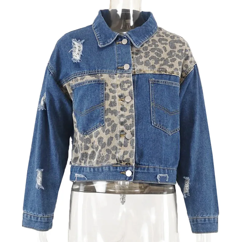 

Fashion denim jackets for women Spring fall leopard patchwork chaquetas vaqueras Female streetwear long sleeve button up coats