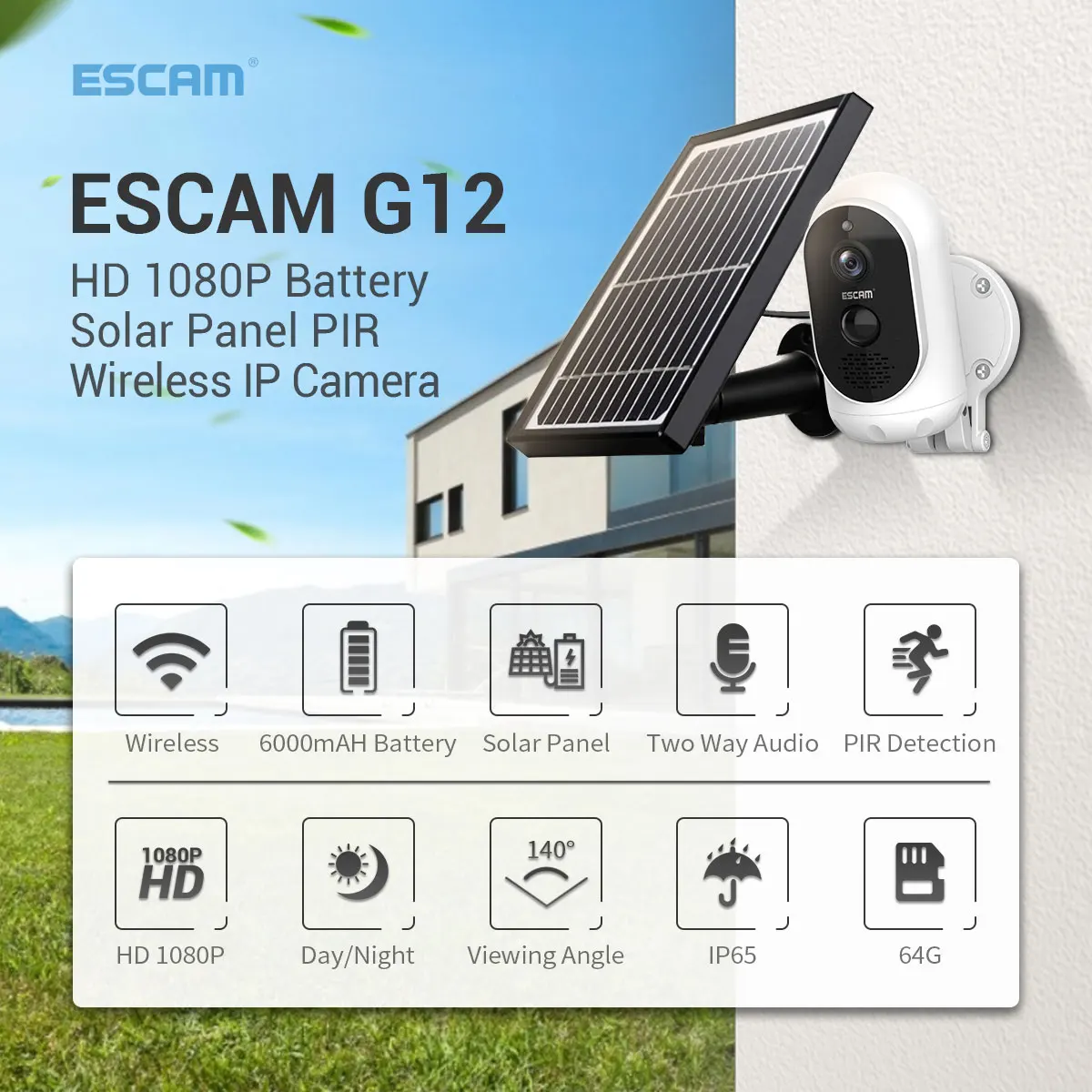 

Камера видеонаблюдения ESCAM G12, 1080P, Full HD, Wi-Fi, IP, водонепроницаемая, с солнечной панелью