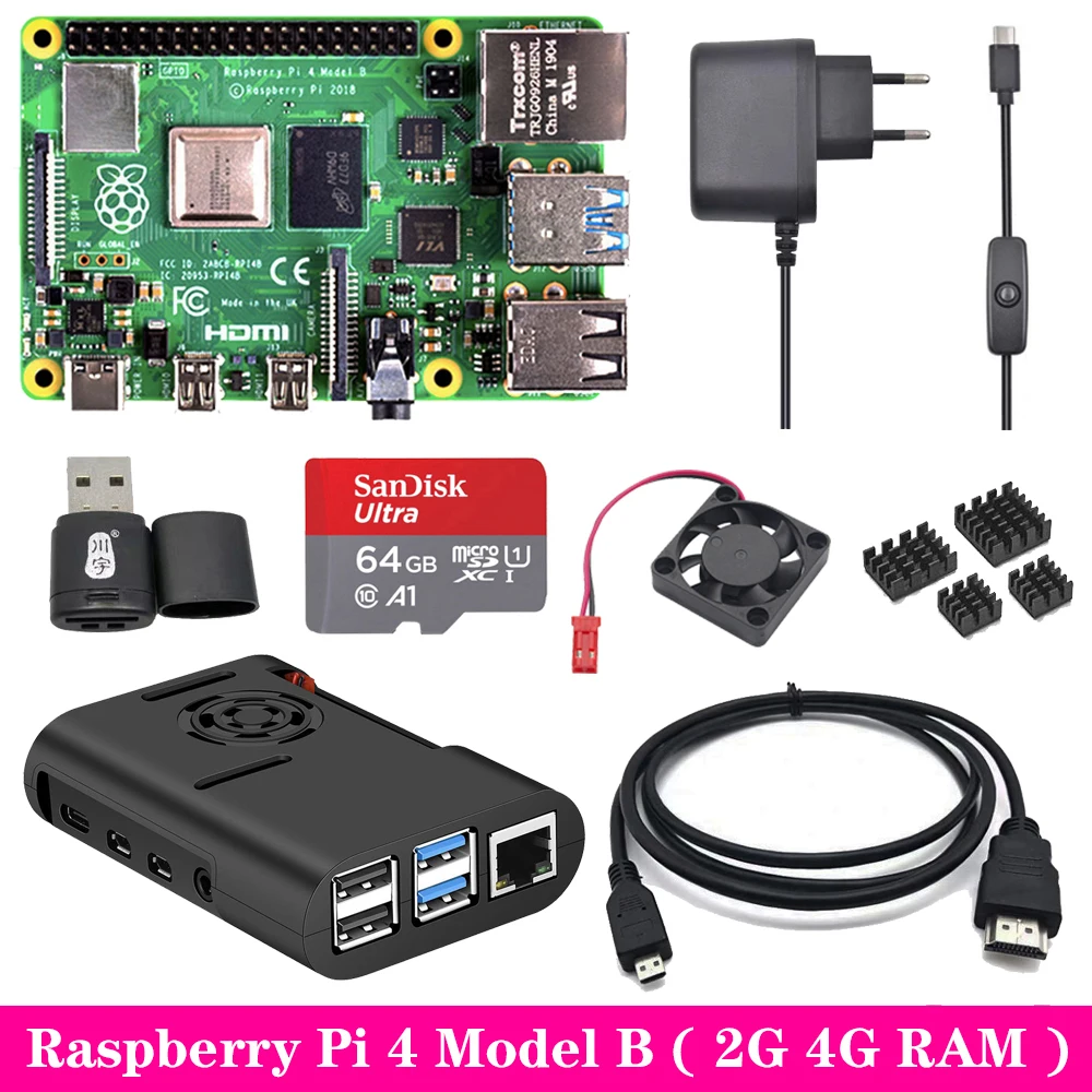 Raspberry Pi 4 Model B 2G 4G RAM + ABS Case + Cooling Fan + Power Supply Charger + Aluminum Heat Sink for Raspberry Pi 4 Model B