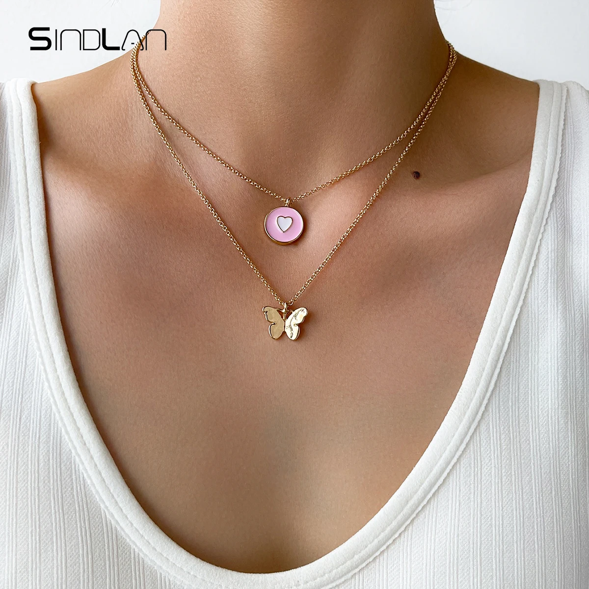 

Sindlan Double Layer Kpop Cute Gold Color Chain Butterfly Pendant Necklace for Women Pink Heart Girls Y2k Korean Fashion Jewelry