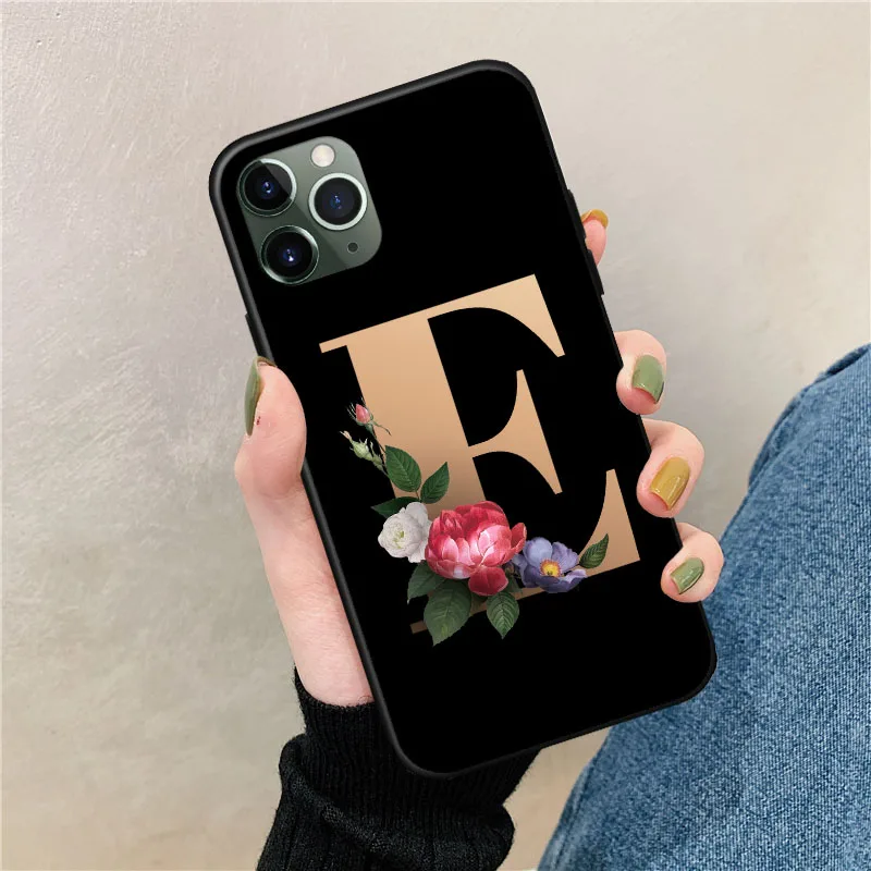 

Initials Phone Case For Coque iPhone 11 Pro Max X XR XS Max SE 2020 7 8 Plus 6s Letter Monogram Golden Flower Cover Fundas Shell
