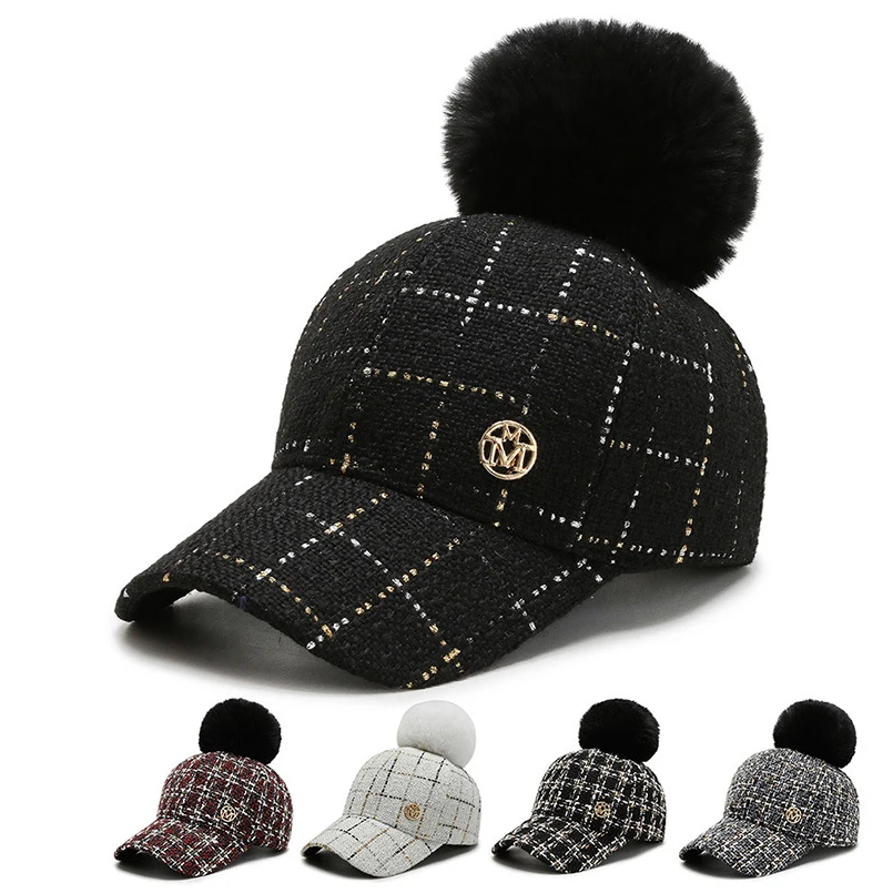 2021 New Women Pom Pom Cap Baseball Hat Plaid Hat Hair Ball Cap for Women Fashion Hipster Hat Luxury Snapback Hats Baseball Caps