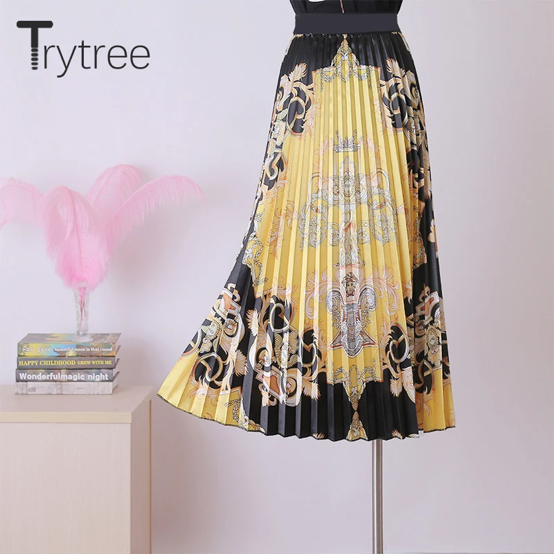 Trytree/осенне зимняя женская повседневная юбка в стиле ампир желтая плиссированная