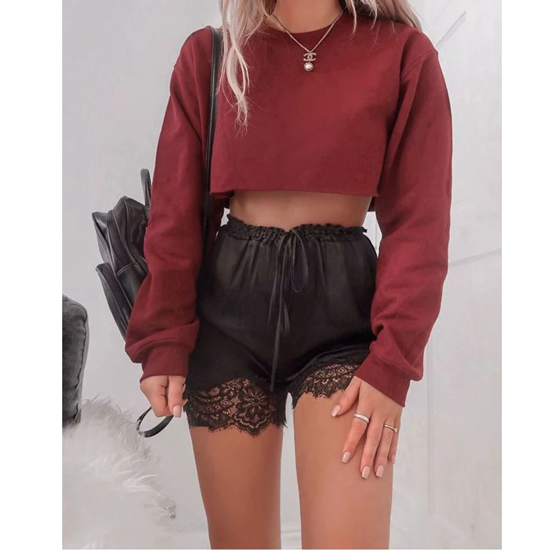 Autumn Spring Women Casual O-Neck Long Sleeve Striple Soft Cotton Loose Crop Top Short Shirts Pullover Sweatshirts