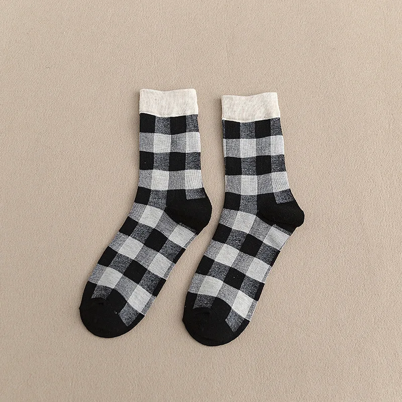 

Spring and Autumn Pure Cotton Tube Socks Female Fashion Trend Casual Plaid Stockings Comfortable and Breathable Lady Socks