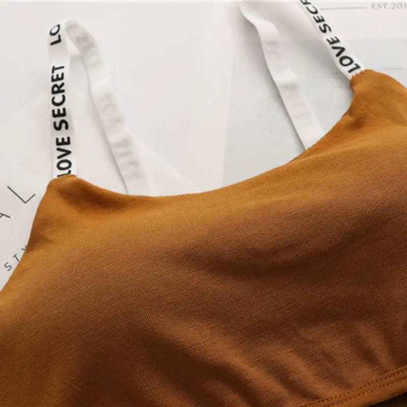 Women Student Letters Printed Spaghetti Straps Bra Removable Padded Seamless Bralette Teenage Girl Solid Color Cotton 3 Hook &