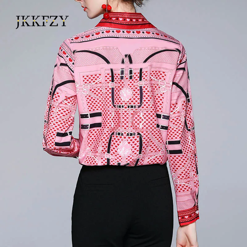 

2021 Summer Women's Long-Sleeved Shirt Fashion Printed Lapel Slim Fit Blouses