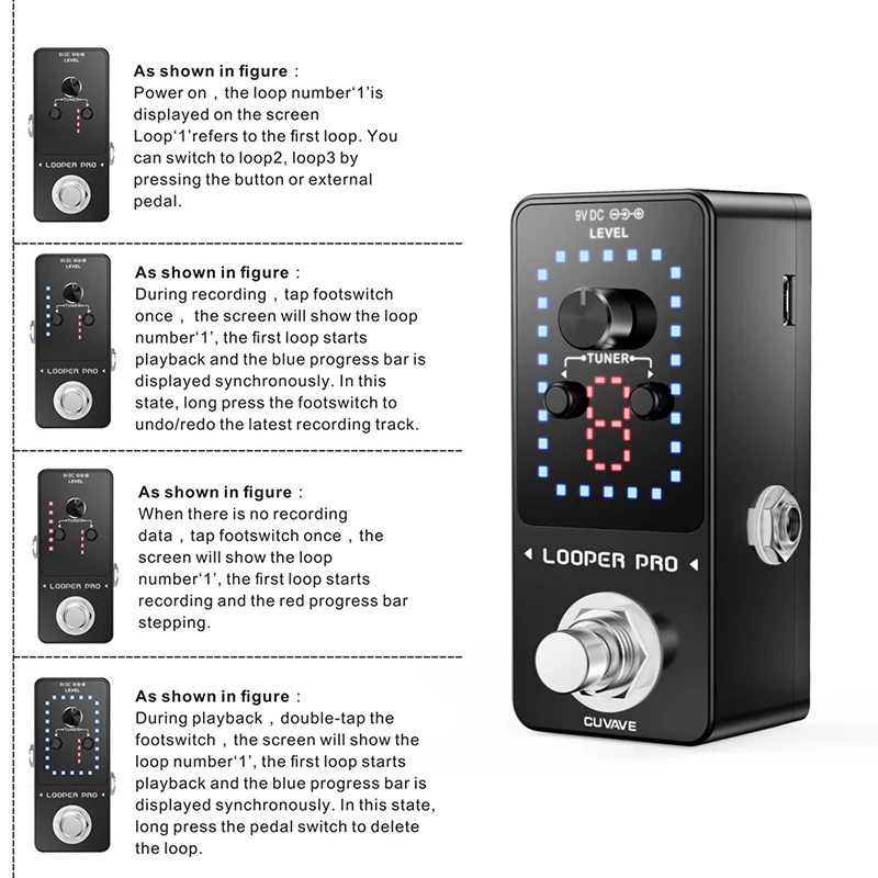 cuvave looper pro erweiterte gitarre schleife pedal gitarre teile effekte pedal 9 loops unbegrenzte overdubs gebaut in tuner funktion free global ship