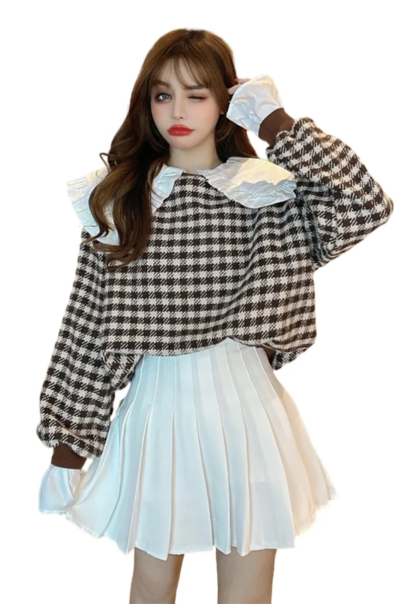 

New Casual Print lattice Ruffle Blouse Shirt Autumn Winter Long Sleeve Women Shirts Elegant Office Lady O-Neck Button Tops 2020