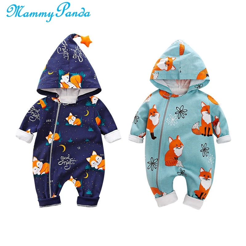 Детский комбинезон с длинными рукавами капюшоном и мультяшным лисьим животным