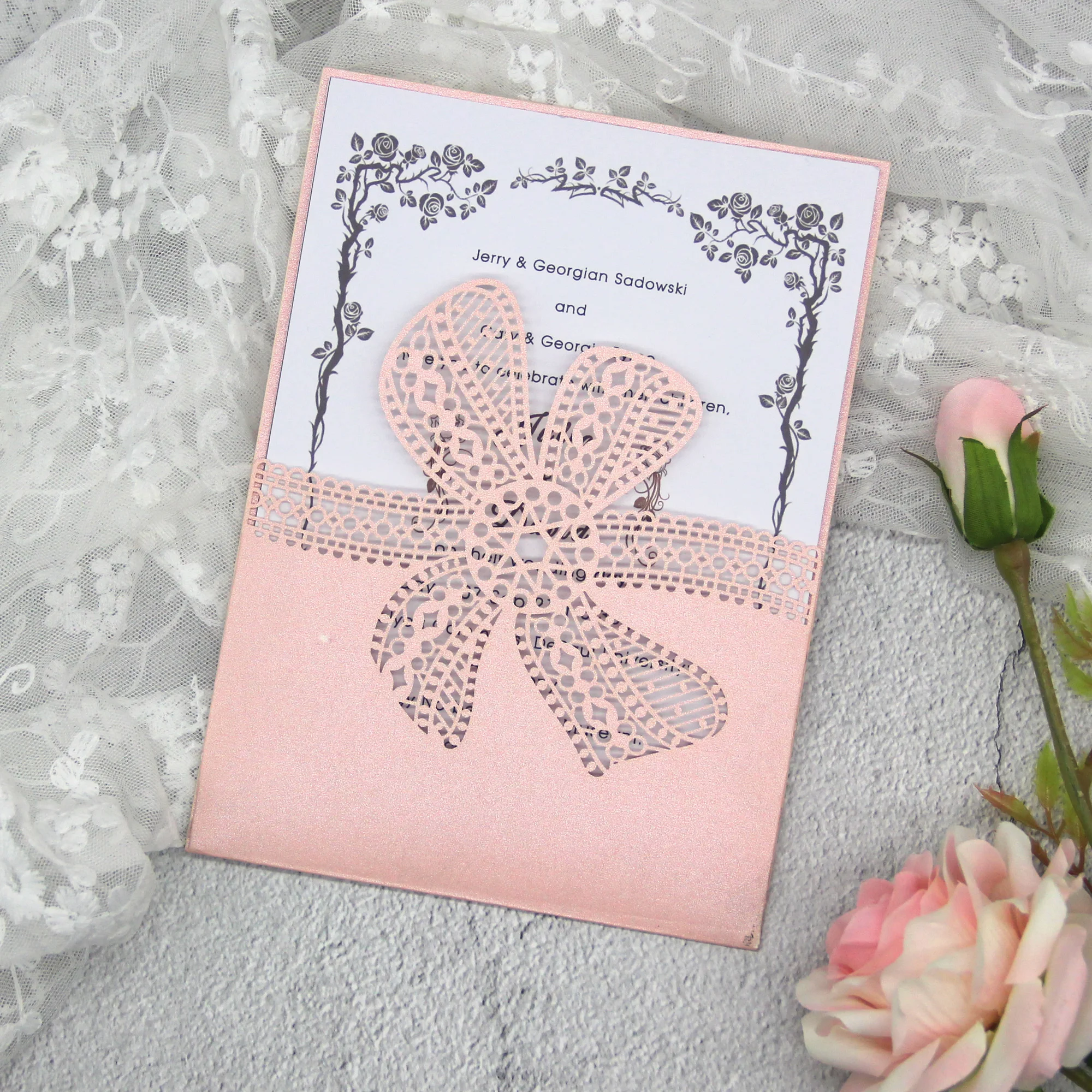 Print custom invitations Elegant  lace bows Laser Cut  Wedding Invitation Card Engagement Birthday Baptism Invitations images - 6