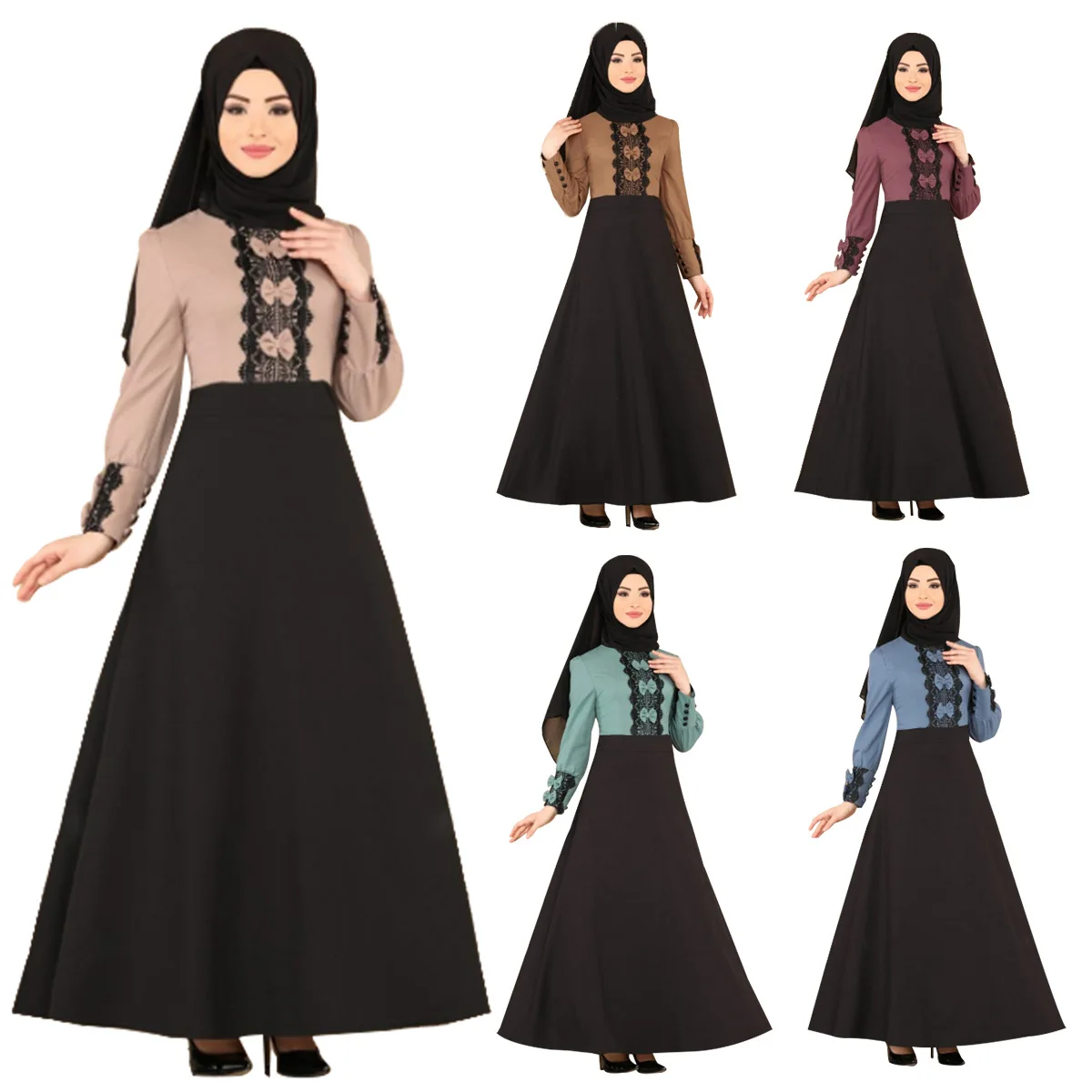 

WEPBEL Women's Fashion Nation Long Sleeve O-Neck Slim High Waist Dress Arab Muslim Casual Lace Stitching Dress