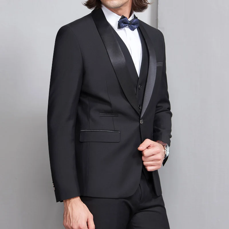 

High Quality Black Groom Dress For Wedding Prom Men's Suit 3 Pieces Smoking Formal Slim fit Male Clothes (Jacket+vest+Pant)