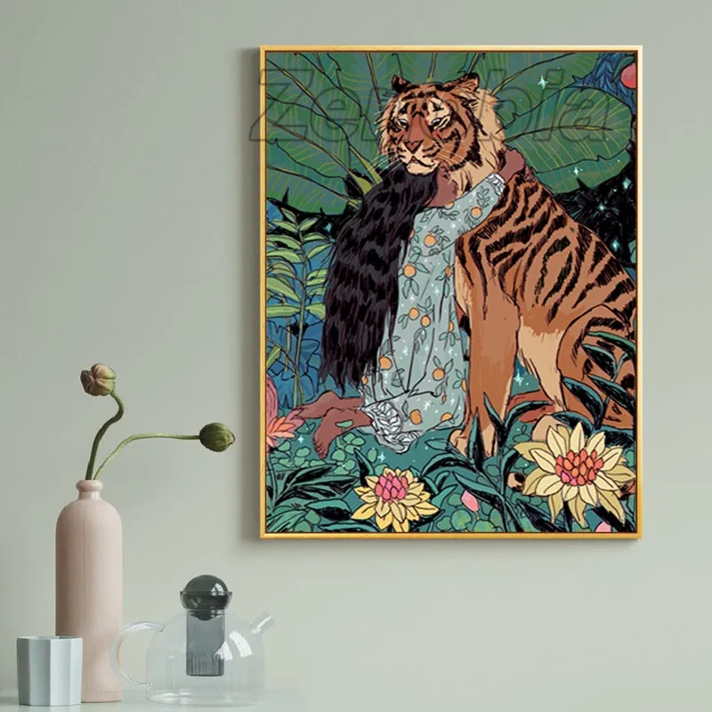 

Abstract Canvas Painting Girl Holding Tiger Poster Hd Print Image for Bedroom and Living Room Home Decoration Wall Art Frameless