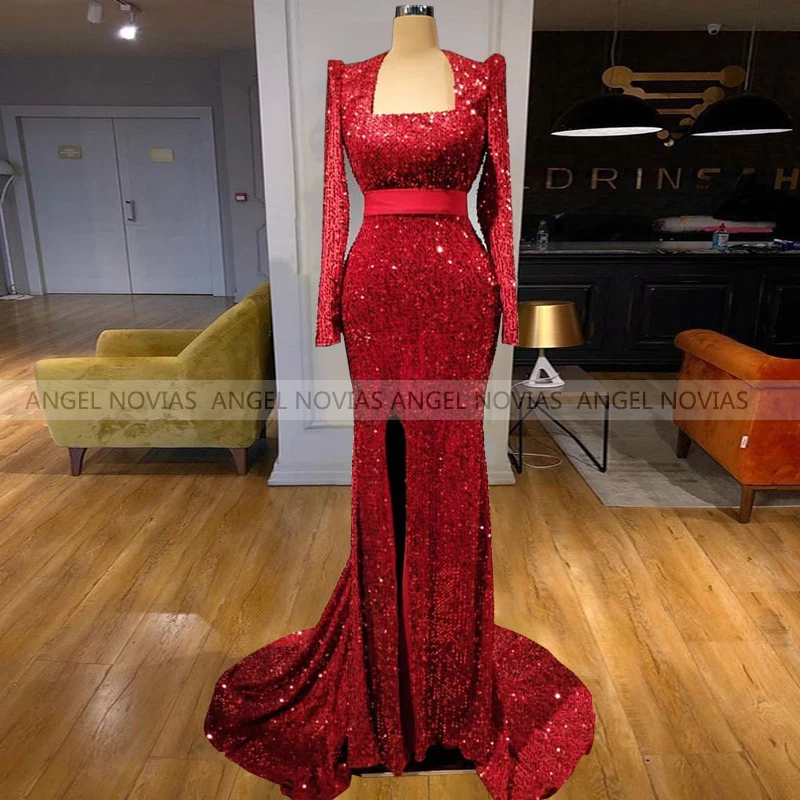 

ANGEL NOVIAS Long Sleeves Burgundy Mermaid Lace Arabic Evening Dresses 2021 Prom Gowns Vestito Da Donna